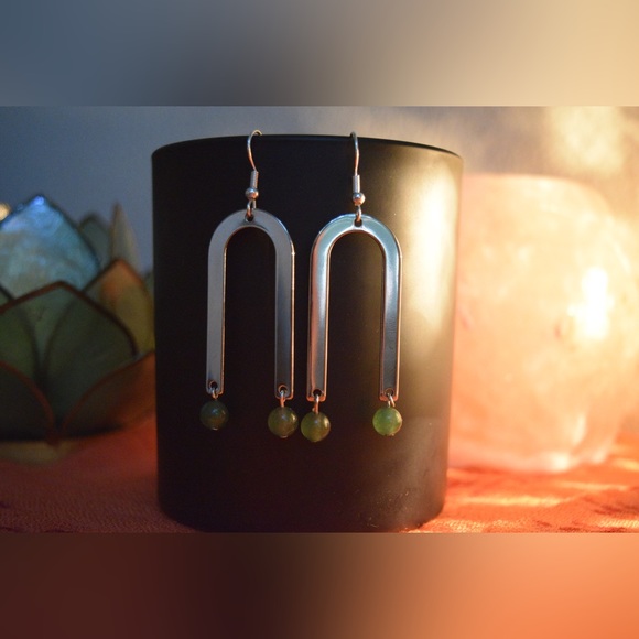Handmade Green Aventurine Arch Earrings - All NATURAL Gemstones - Nickel Free - Picture 1 of 4